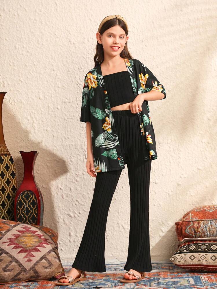Tween Girls' Woven Botanical Print Shirt, Knitted Tube Top, And Flared Pants Three-Piece Set