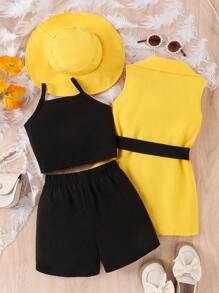 Conjunto De Chaleco De Tirantes Espaguetis Y Pantalones Cortos De Color Sólido Para Niñas Con Blazer Sin Cuello Y Sin Mangas De Bloque De Color - Amarillo - Ver 2
