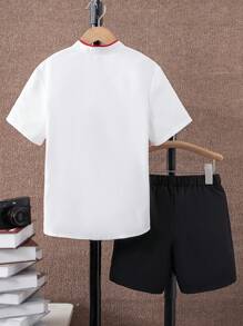 SHEIN 2pcs/Set Tween Boys' College Style Color Block Shirt And Shorts Outfit - Black - View 2