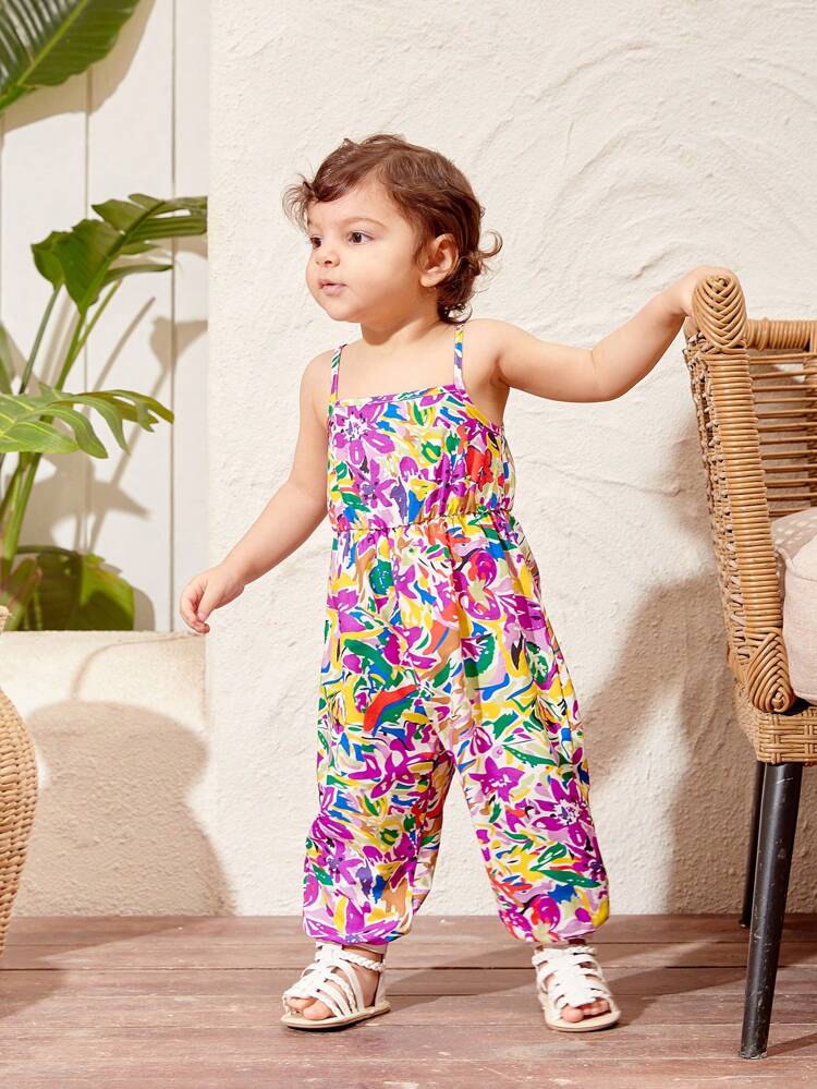 Baby Girls' Colorful Patterned Jumpsuit With Spaghetti Straps For Summer Vacation