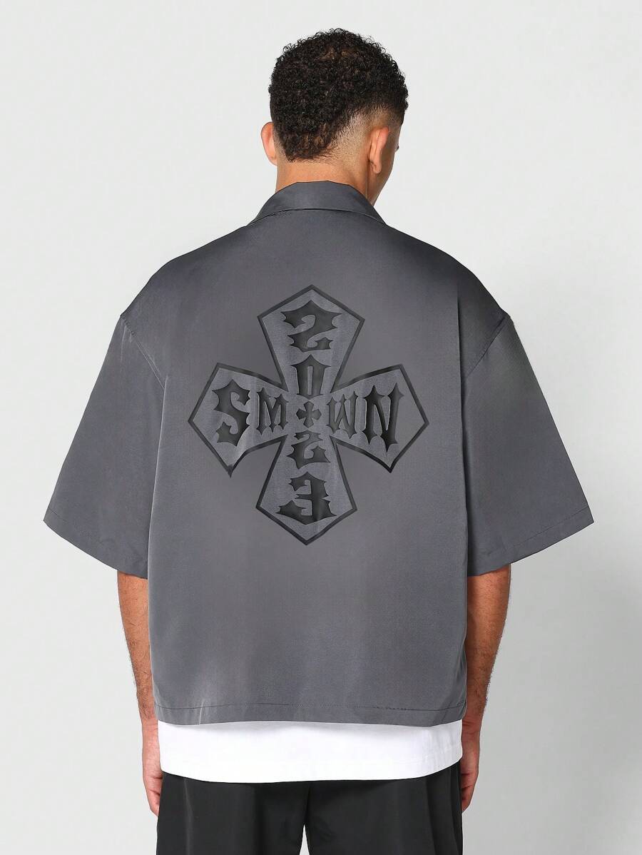 SUMWON Boxy Fit Nylon Shirt With Front And Back Graphic Print - Grey - View 1