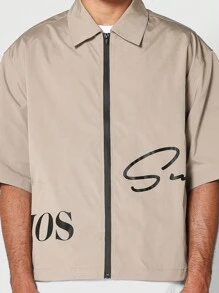 SUMWON Boxy Fit Zip Through Shirt With Graphic Print - Apricot - View 6