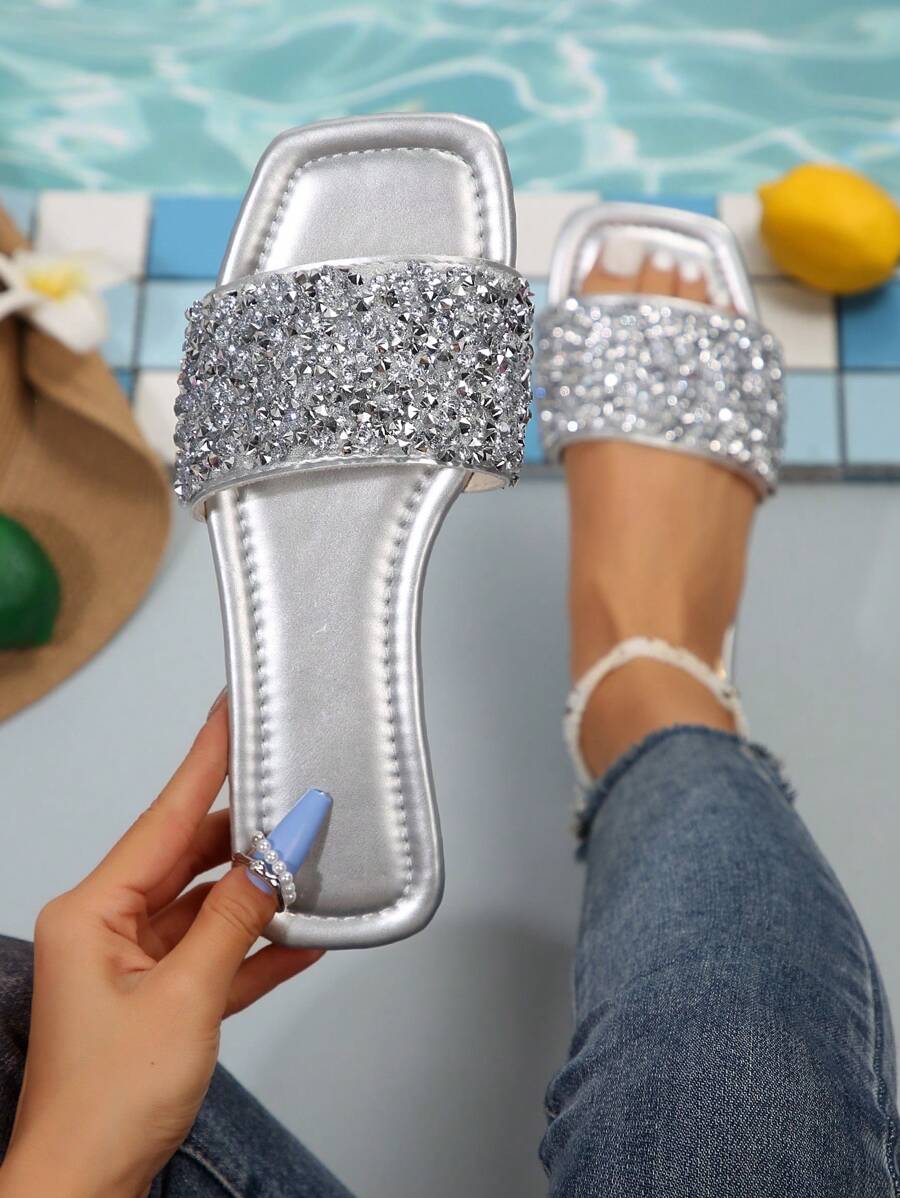 女士大码平底凉鞋，带水钻装饰，女士夏季沙滩凉鞋