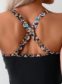 SHEIN Swim Của phụ nữ In Hình học Nối Dây Bộ Bikini - màu đen - Xem 5