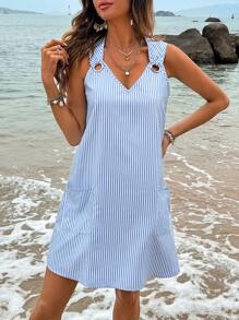 Breezaya 女式条纹无袖连衣裙，带双口袋，度假海滩装 - 藍白色 - 查看 6