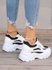 Tênis Esportivos Femininos Com Salto Plataforma E Sola Grosso, Sapatos Esportivos Fashion - Preto - Visão 2