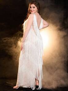 Plus Fringe Trim Dress - White - View 2