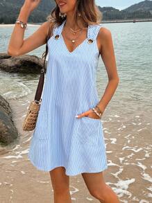 Breezaya 女式条纹无袖连衣裙，带双口袋，度假海滩装 - 藍白色 - 查看 4