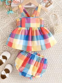 SHEIN Fashionable Checkered Backless Top And Shorts Set For Baby Girls, Summer - Multicolor - View 1