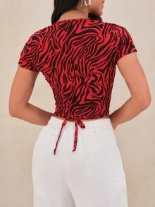 Shein女款綁帶印花短上衣 - 彩色 - 查看 3