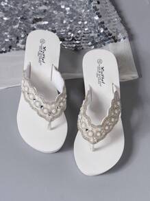 Women Pearl Decor Thong Sandals, Rhinestone Wedge Heel Slip-On, Suitable For Beach, Wedding,Slippers Women - White - View 5