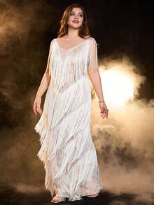 Plus Fringe Trim Dress - White - View 4