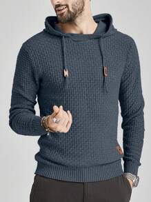 Manfinity Homme 男士補丁細節抽繩連帽套頭毛衣 - 深灰色 - 查看 3