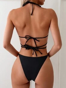 SHEIN Swim Conjunto de bikini de copa triangular de unicolor - Negro - Ver 2