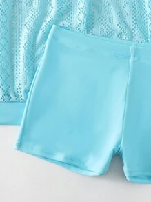 SHEIN Swim 夏季沙灘女士中空十字細節背心上衣和短褲泳裝套裝 - 淺藍色 - 查看 7