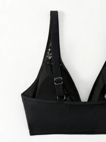 SHEIN Swim 女士镂空纯色比基尼上衣，适合游泳、度假、夏季海滩黑色比基尼上衣黑色比基尼泳装上衣沙滩上衣 - 黑色 - 查看 5