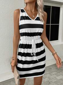SHEIN LUNE Váy không tay cổ chữ V sọc ngang có thắt lưng cho mùa hè - Đen và trắng - Xem 6
