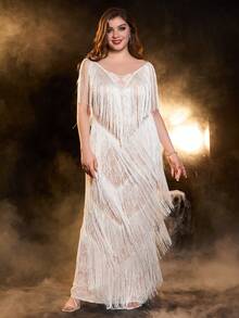 Plus Fringe Trim Dress - White - View 3