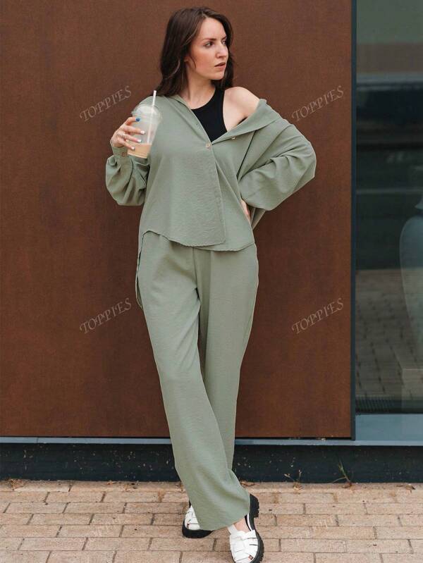 Solid Button-Down Long-Sleeved Shirt & Loose Straight-Leg Pants