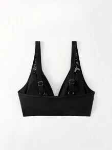 SHEIN Swim 女士镂空纯色比基尼上衣，适合游泳、度假、夏季海滩黑色比基尼上衣黑色比基尼泳装上衣沙滩上衣 - 黑色 - 查看 3