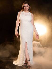 Plus Split Thigh Lace Formal Wedding Dress - White - View 3