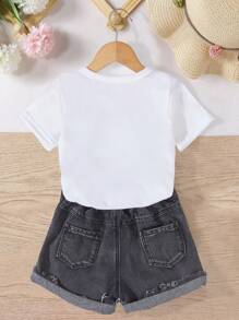 SHEIN 1件女生趣味熊與標語印花短袖t卹 - 白色 - 查看 2