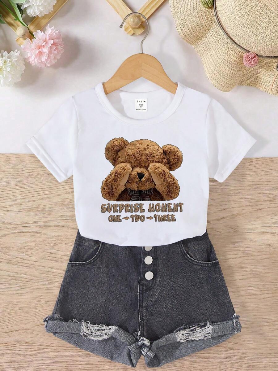 SHEIN 1件女生趣味熊與標語印花短袖t卹 - 白色 - 查看 1