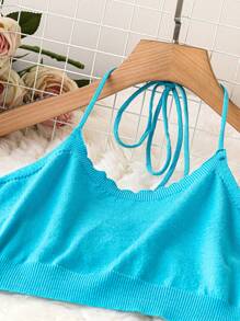 Flirla Plus Size Women's Solid Color Knit Halter Top And Woolen Skirt Set - Blue - View 5