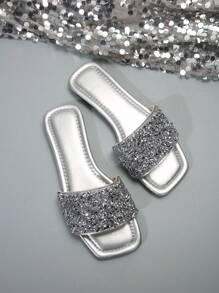 Ladies' Plus Size Flat Sandals With Rhinestone Decoration, Summer Beach Sandals For Women - Silver - View 4