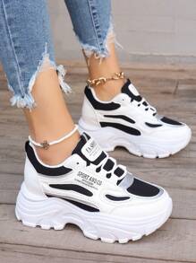 Tênis Esportivos Femininos Com Salto Plataforma E Sola Grosso, Sapatos Esportivos Fashion - Preto - Visão 4