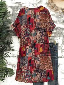 SHEIN LUNE Váy Boho rộng rãi, thoải mái, in họa tiết khắp thân và cổ khoét, dành cho mùa hè - Nhiều màu - Xem 2