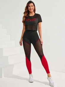 SHEIN Sport Studio Mesh Contrast Letter Printed Top And Legging Exercise Outfit Workout Women Setwomen Workout Set Women Leggings Set