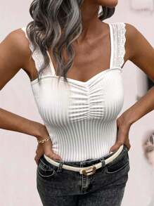 SHEIN Unity Women's Ruched Mesh Embroidery Wide Strap Tank Top With Bust Support Design - White - View 1