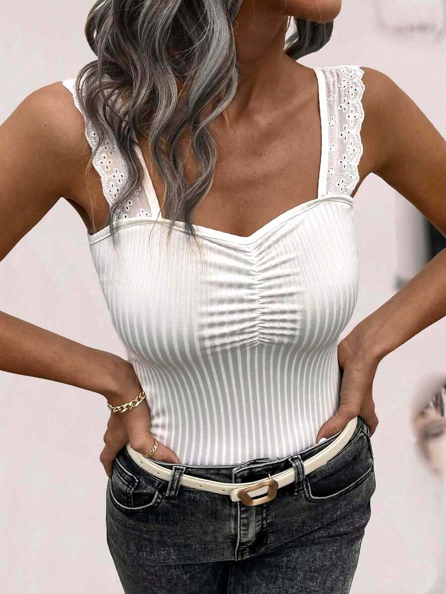 SHEIN Unity Women's Ruched Mesh Embroidery Wide Strap Tank Top With Bust Support Design - White - View 1
