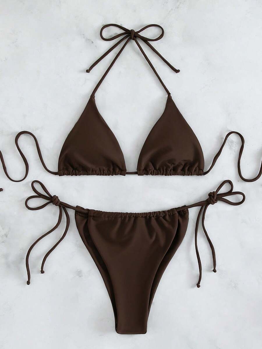 SHEIN Swim Summer Beach Triangle Bra & Thong Bikini Set Bathing Suit - Coffee Brown - View 1