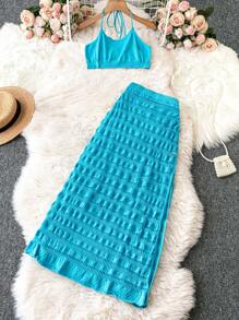 Flirla Plus Size Women's Solid Color Knit Halter Top And Woolen Skirt Set - Blue - View 1