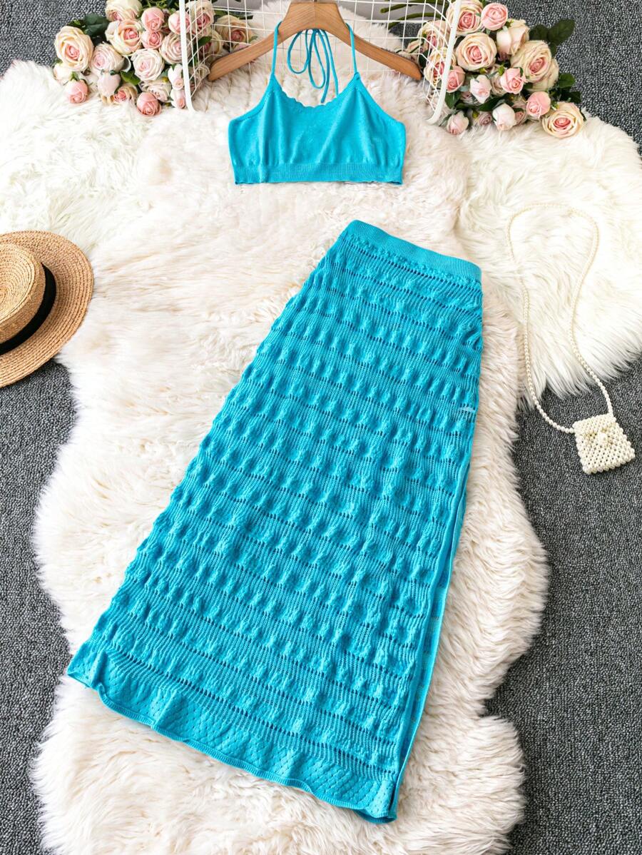 Flirla Plus Size Women's Solid Color Knit Halter Top And Woolen Skirt Set - Blue - View 1