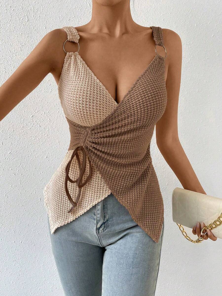 Chiquease Two Tone Drawstring Side Asymmetrical Hem Cami Top Graphic Tees Women Tops - Khaki - View 1
