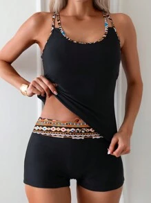 SHEIN Swim Của phụ nữ In Hình học Nối Dây Bộ Bikini - màu đen - Xem 1