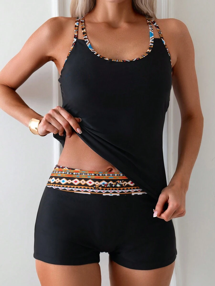 SHEIN Swim Của phụ nữ In Hình học Nối Dây Bộ Bikini - màu đen - Xem 1