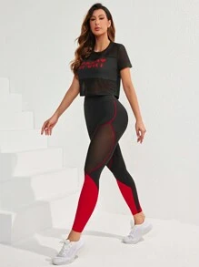 SHEIN Sport Studio Mesh Contrast Letter Printed Top And Legging Exercise Outfit Workout Women Setwomen Workout Set Women Leggings Set