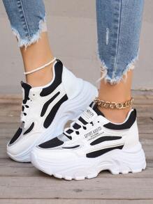 Tênis Esportivos Femininos Com Salto Plataforma E Sola Grosso, Sapatos Esportivos Fashion - Preto - Visão 1