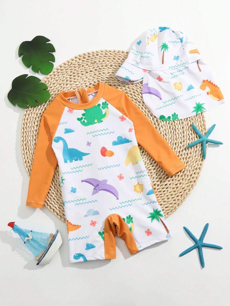 Baby Boy Cartoon Graphic One Piece Swimsuit With Swim Cap - Multicolor - View 1