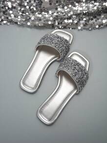 Ladies' Plus Size Flat Sandals With Rhinestone Decoration, Summer Beach Sandals For Women - Silver - View 5