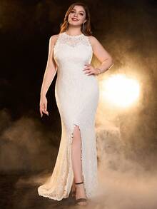 Plus Split Thigh Lace Formal Wedding Dress - White - View 4