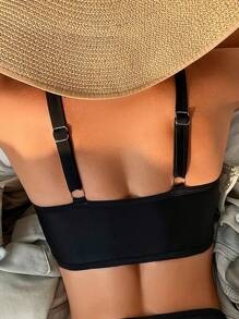 SHEIN Swim 女士镂空纯色比基尼上衣，适合游泳、度假、夏季海滩黑色比基尼上衣黑色比基尼泳装上衣沙滩上衣 - 黑色 - 查看 2