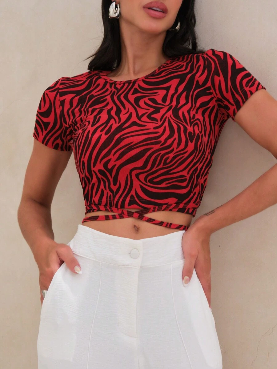 Shein女款綁帶印花短上衣 - 彩色 - 查看 1