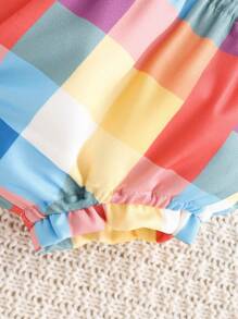 SHEIN Fashionable Checkered Backless Top And Shorts Set For Baby Girls, Summer - Multicolor - View 3