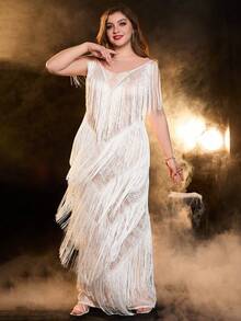 Plus Fringe Trim Dress - White - View 6