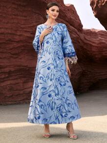 Layrah Blue Jacquard Glitter Trimmed Sleeves Arabic Long Kaftan Dress, Elegant Luxury Evening Party Style - Blue - View 4
